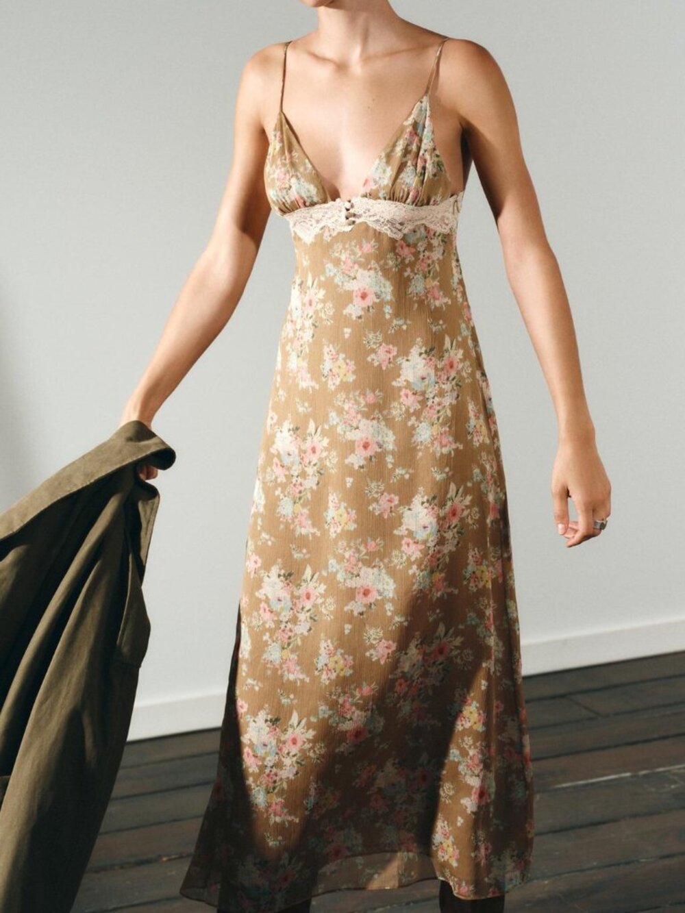 NWT Zara Floral Lace-Trim Maxi Slip Dress